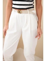 Dámske bavlnené nohavice s vysokým pásom a opaskom ecru