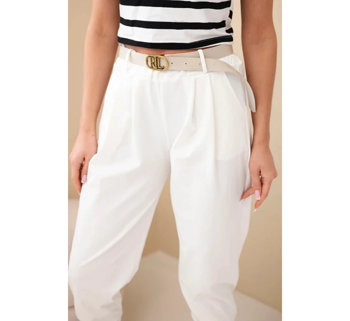 Dámske bavlnené nohavice s vysokým pásom a opaskom ecru