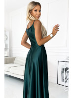 CHIARA - Elegantné saténové dámske maxi šaty vo fľaškovo zelenej farbe na ramienkach 299-9