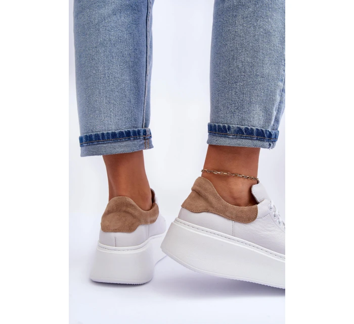 Damskie Buty Sportowe Skórzane na Platformie Białe Lemar 10150