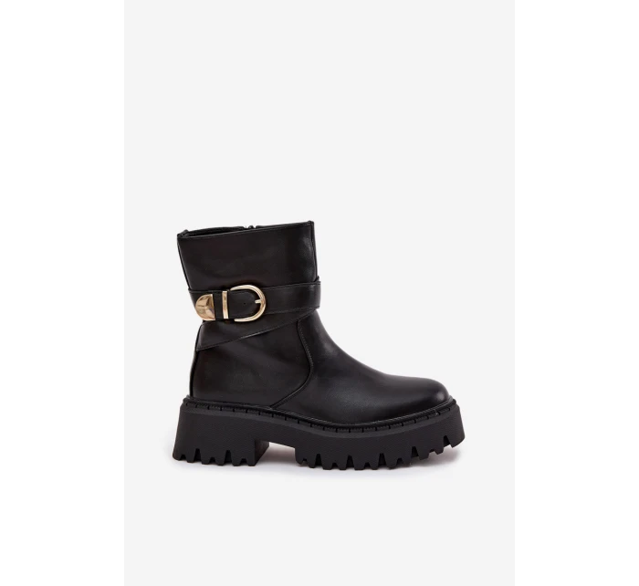 Ocieplane Botki Damskie Ze Złotą Klamrą Czarne Elanore Ocieplane Botki Damskie Ze Złotą Klamrą Czarne Elanore