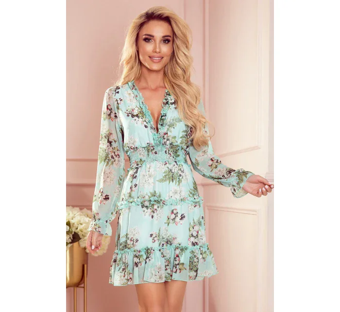 Dámské šifonové šaty s širokou gumou a květinovým vzorem na pozadí model 18423182 - numoco Dámské šifonové šaty s širokou gumou a květinovým vzorem na pozadí model 18423182 - numoco