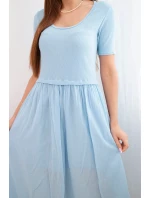 Dámske bavlnené midi šaty s krátkymi rukávmi a rozšírenou spodnou časťou modré