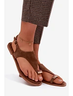 Dámské sandály Ploché S Zlatým Detalem Eko Semiš Hnědé Jelviane