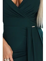 model 22112277 Elegantní dlouhé šaty s obálkovým výstřihem a rozparkem lahvově zelené - numoco