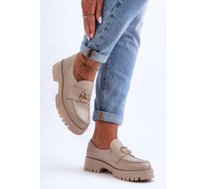 Damskie Półbuty Skórzane Z Ozdobą Beżowe Rosefalls