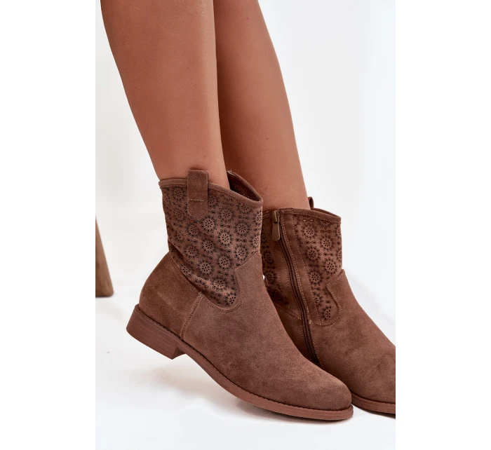 Dámske členkové topánky na plochom podpätku s ažurovým vzorom S.Barski - hnedé Dámske členkové topánky na plochom podpätku s ažurovým vzorom S.Barski - hnedé