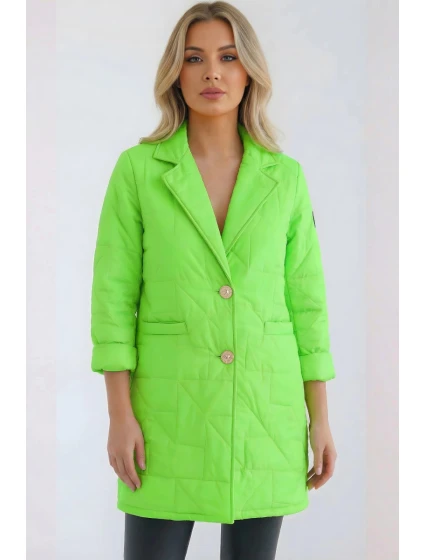 Dámská bunda Plus Size prošívaná s ozdobnými knoflíky a límcem zelený neon