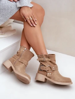 Semišové dámske členkové topánky na nízkom podpätku s remienkami Zazoo 3644 beige