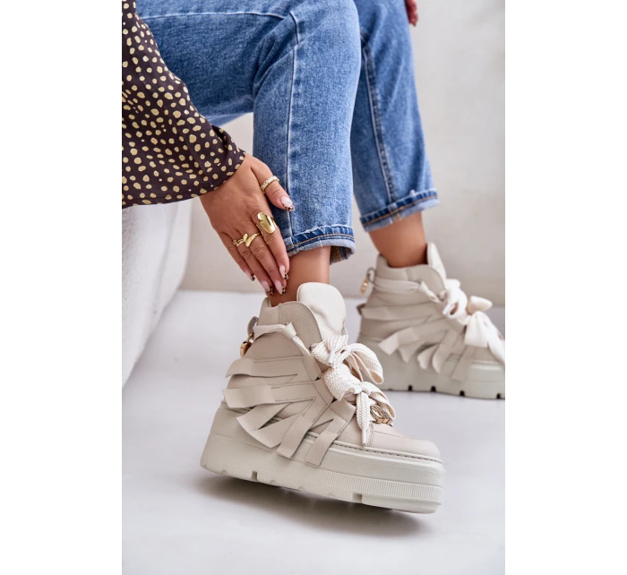 Skórzane Sneakersy Damskie Na Masywnej Platformie CheBello 4561 Beżowe