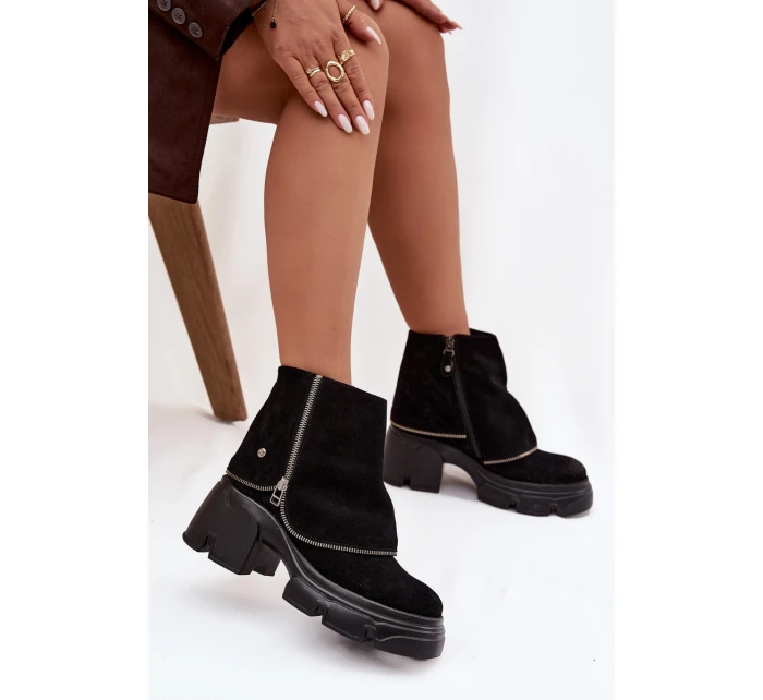 Skórzane Botki Damskie Z Wywiniętą Cholewką Maciejka 07145-01 Czarne