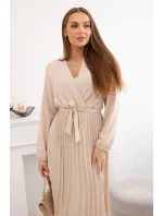 Šaty s viazaným plisovaným lemom béžové