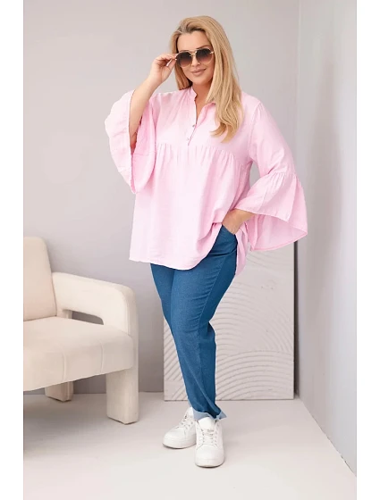 Dámská viskózová halenka Plus Size s model 22201089 rukávem a výstřihem do V cukrově růžová - K-Fashion
