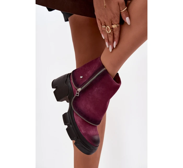 Skórzane Botki Damskie Z Wywiniętą Cholewką Maciejka 07145-23 Bordowe