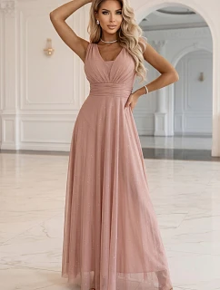 Dlouhé maxi šaty s  a hlubokým výstřihem pudrově růžové model 22085441 - numoco basic