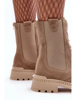 Zamszowe Damskie Botki Workery Sznurowane Beżowe Nicole 2836