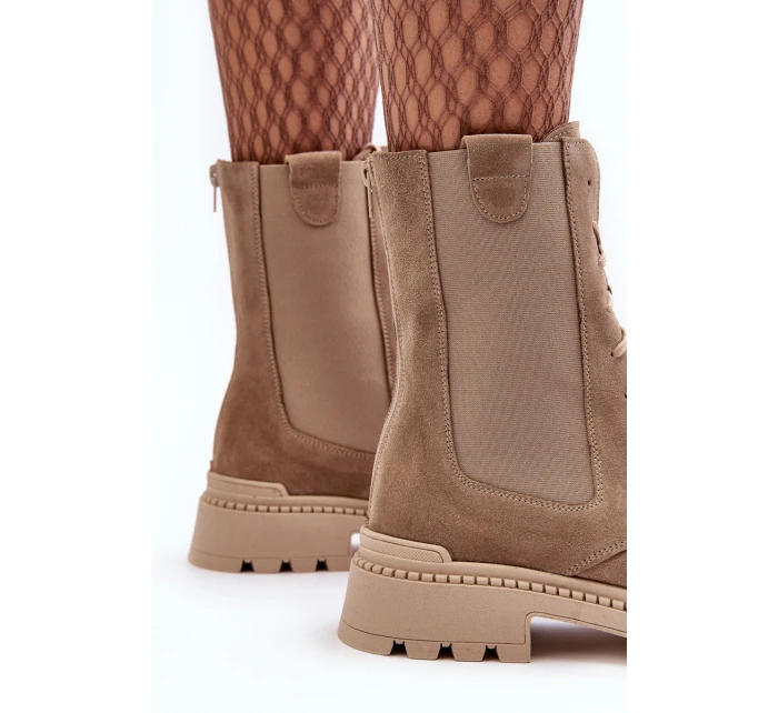 Zamszowe Damskie Botki Workery Sznurowane Beżowe Nicole 2836