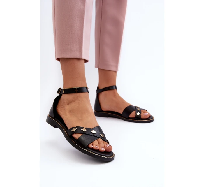 model 21657362 Ploché Dámské Kožené Sandály Černé - Zazoo