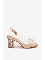 Sandály na podpatku s krystaly síťová mašle D&A MR61-9010 Zlaté
