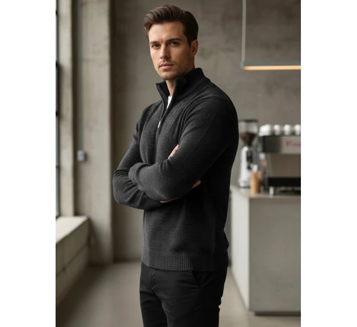 Pánsky sveter s golierom tmavosivý FashionStreet WX2351 Pánsky sveter s golierom tmavosivý FashionStreet WX2351