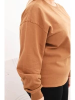 Dámská mikina Plus Size bavlněná basic s kulatým výstřihem camelová