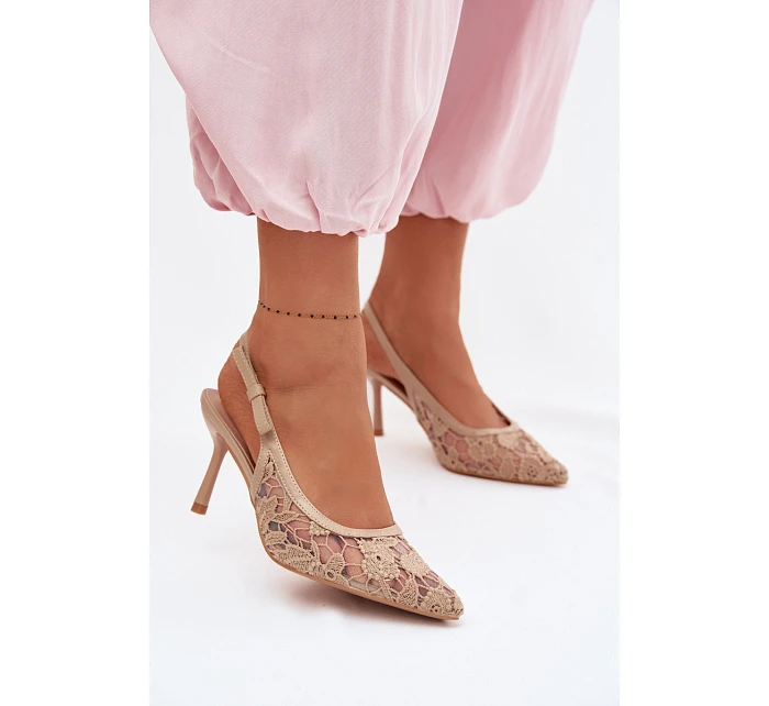 Dámské sandály na podpatku s krajkou tmavě béžové model 22103110 - Boto