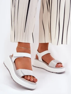 Skórzane Sandały Damskie Platformie I Koturnie Na Rzep S.Barski LR51-543 Srebrne