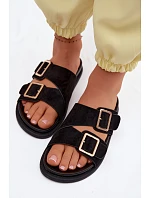 Dámské nazouváky z imitace semiše s zlatými přezkami Černé model 22125551 - Boto