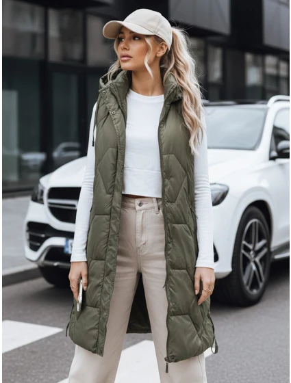 Dámská dlouhá prošívaná zelená vesta Dstreet model 21993347 - FashionStreet