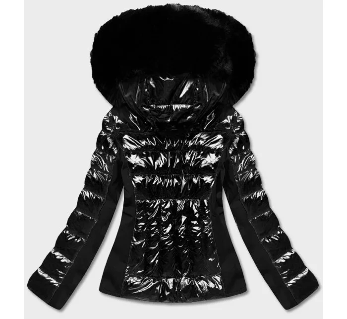 Čierna krátka lesklá bunda na prechodné obdobie (DK100-1)