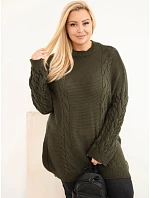 Dámský svetr Plus Size s copánkovým vzorem khaki kolor Dámský svetr Plus Size s copánkovým vzorem khaki kolor