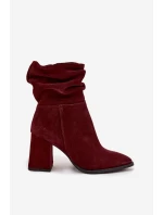 Kotníkové boty z přírodního semiše s vyhříváním na podpatku s mašlí Zazoo 4216 bordó