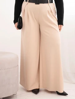Dámské kalhoty Plus Size s širokou nohavicí a páskem béžové