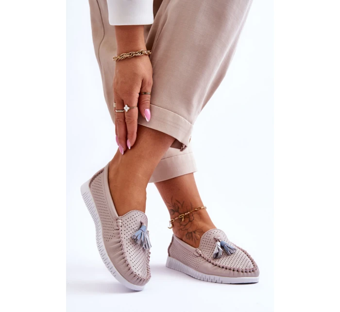 Damskie Skórzane Ażurowe Mokasyny Jasnoróżowe Lanzarot