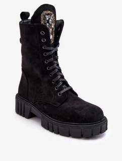 Semišové pracovné členkové topánky so šperkovou ozdobou, čierne Marx