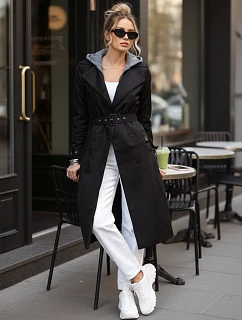 Dámsky dvojradový kabát s kapucňou čierny FashionStreet TY5654