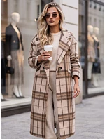Dámský kabát dlouhý dvouřadý s příměsí vlny kostkované béžová FashionStreet NY0829