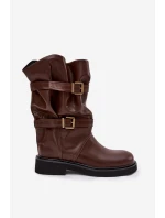 Vlněné dámské kozačky do  s pásky a přezkami hnědé model 21711786 - Boto