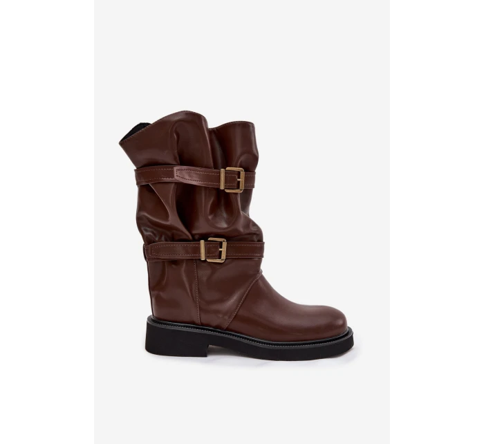 Vlněné dámské kozačky do  s pásky a přezkami hnědé model 21711786 - Boto