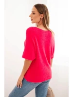 Dámsky sveter z mäkkého kožušinového materiálu s krátkymi rukávmi do V ružovej farby