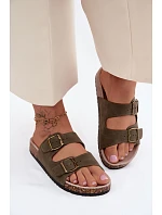 Dámské pantofle s přezkami na korkové podrážce tmavě zelené model 22140697 - Boto