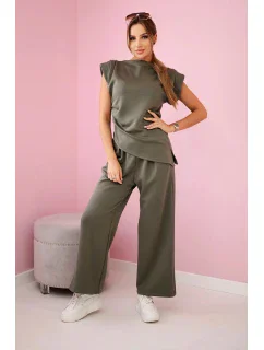 Komplet asymetrická halenka + kalhoty khaki