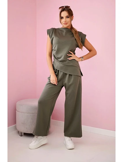 Komplet asymetrická halenka + kalhoty khaki