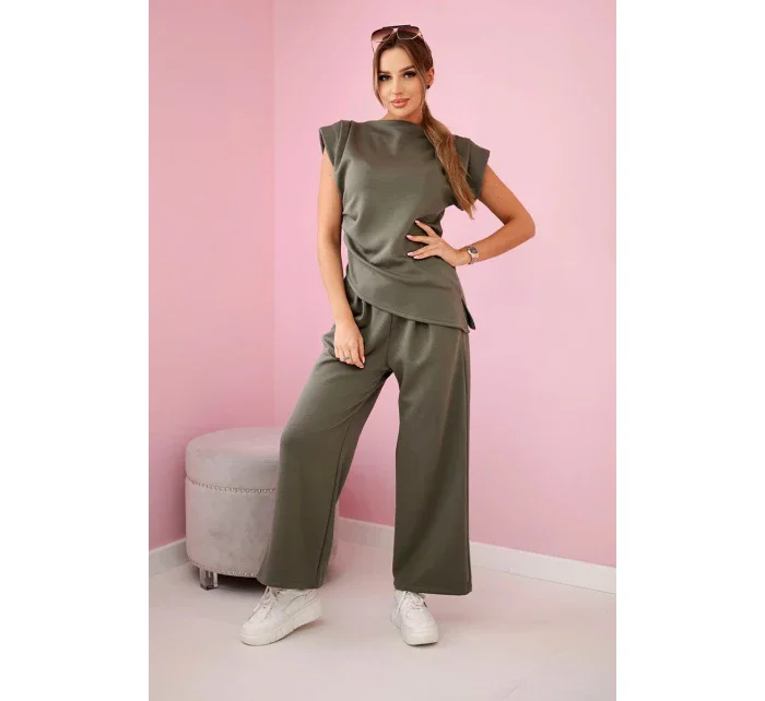 Komplet asymetrická halenka + kalhoty khaki