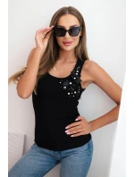 Dámský žebrovaný top z bavlny s květinovou aplikací černá
