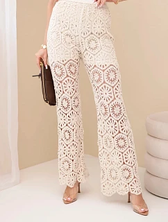 Dámske bavlnené nohavice azura so širokými nohavicami a elastickým pásom béžovej farby