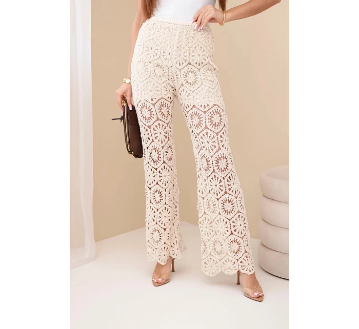 Dámske bavlnené nohavice azura so širokými nohavicami a elastickým pásom béžovej farby