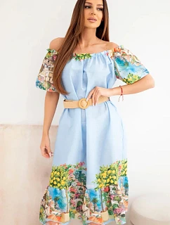 Dámské šaty model 22170769 střihu s páskem a krátkým rukávem modrá - K-Fashion