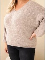 Dámský svetr Plus Size s výstřihem do V a širokým rukávem béžový tmavý