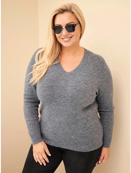 Dámský svetr Plus Size z baby alpaky s dlouhým rukávem grafitový